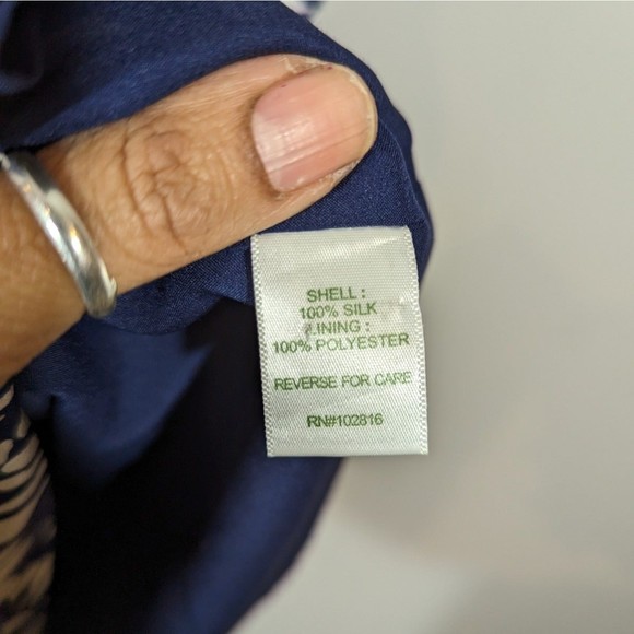 Garnet Hill Navy Print 3/4 Sleeve Silk Shift Midi Dress Women Size 10 - Picture 5 of 6